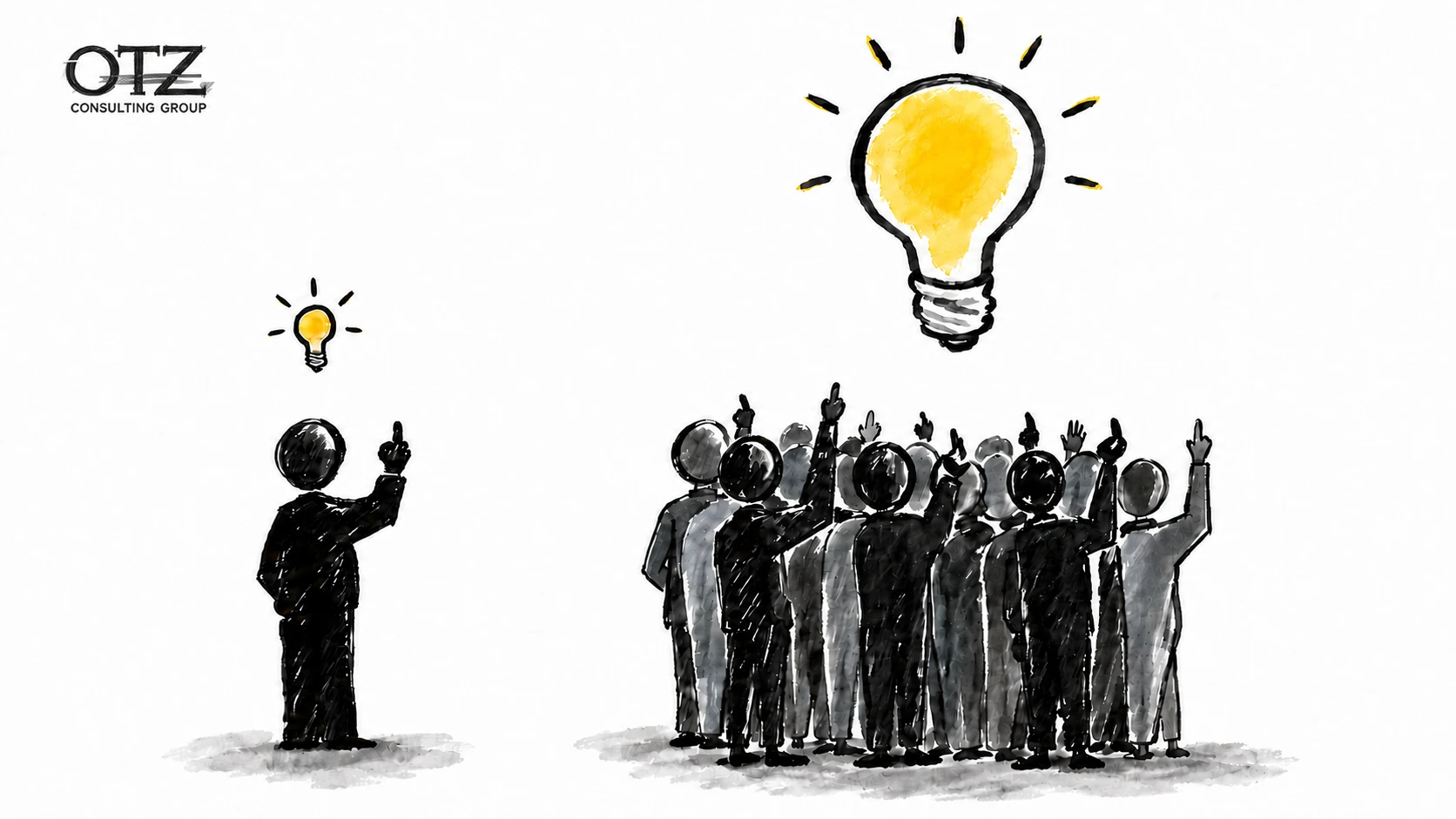 Hand-drawn illustration of one person with a small lightbulb beside a group with a larger shared lightbulb, with an OTZ mark in the upper-left corner.