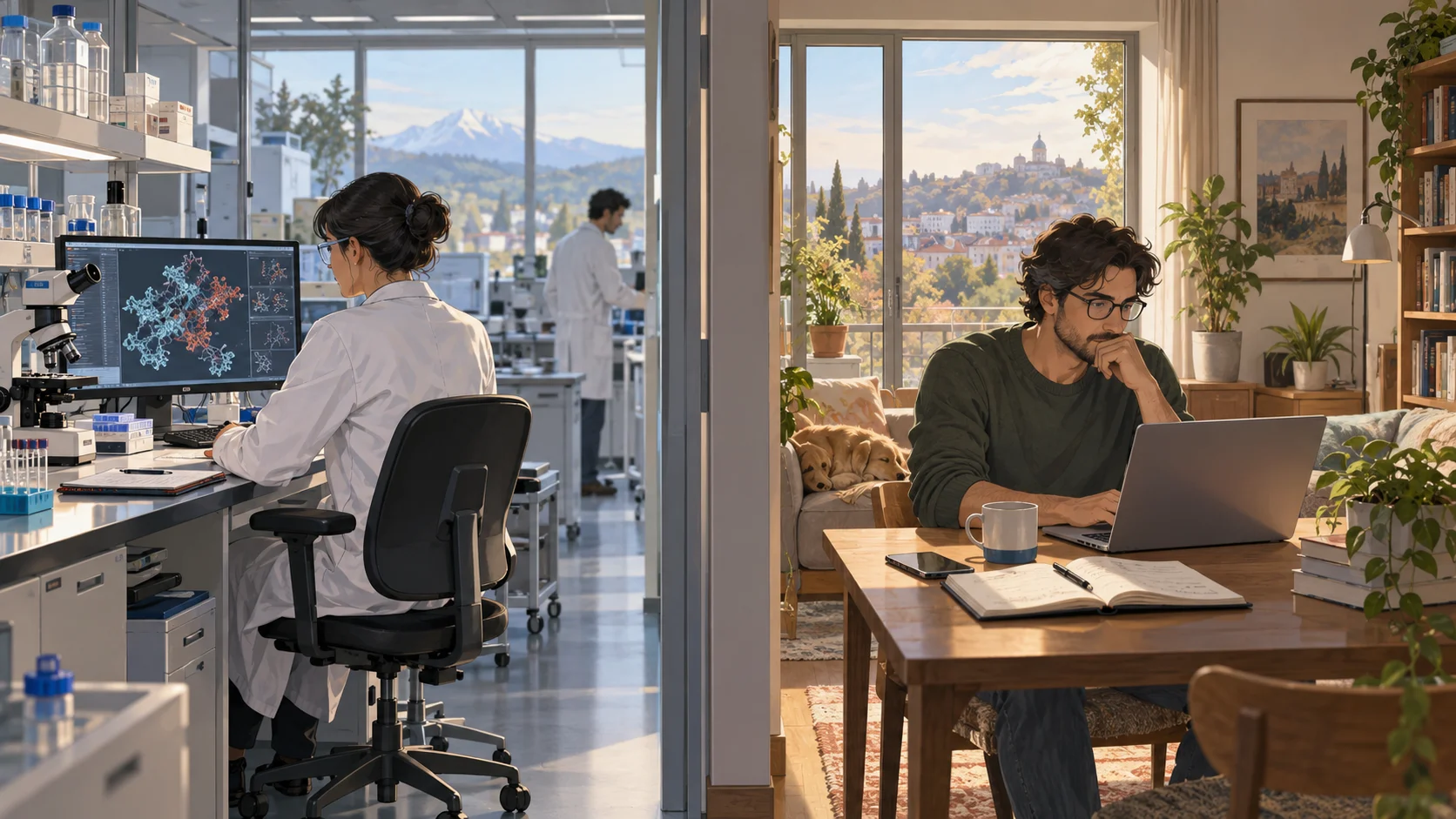 An illustrated research laboratory beside a home workspace, showing scientific and everyday uses of AI.