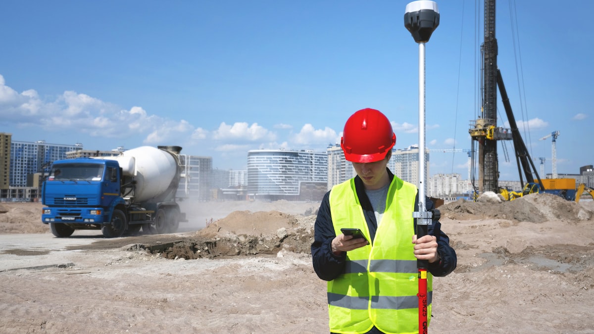 Land surveyor with GPS rover on a Florida development site