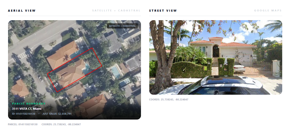 Aerial satellite view and street view of property with parcel boundaries