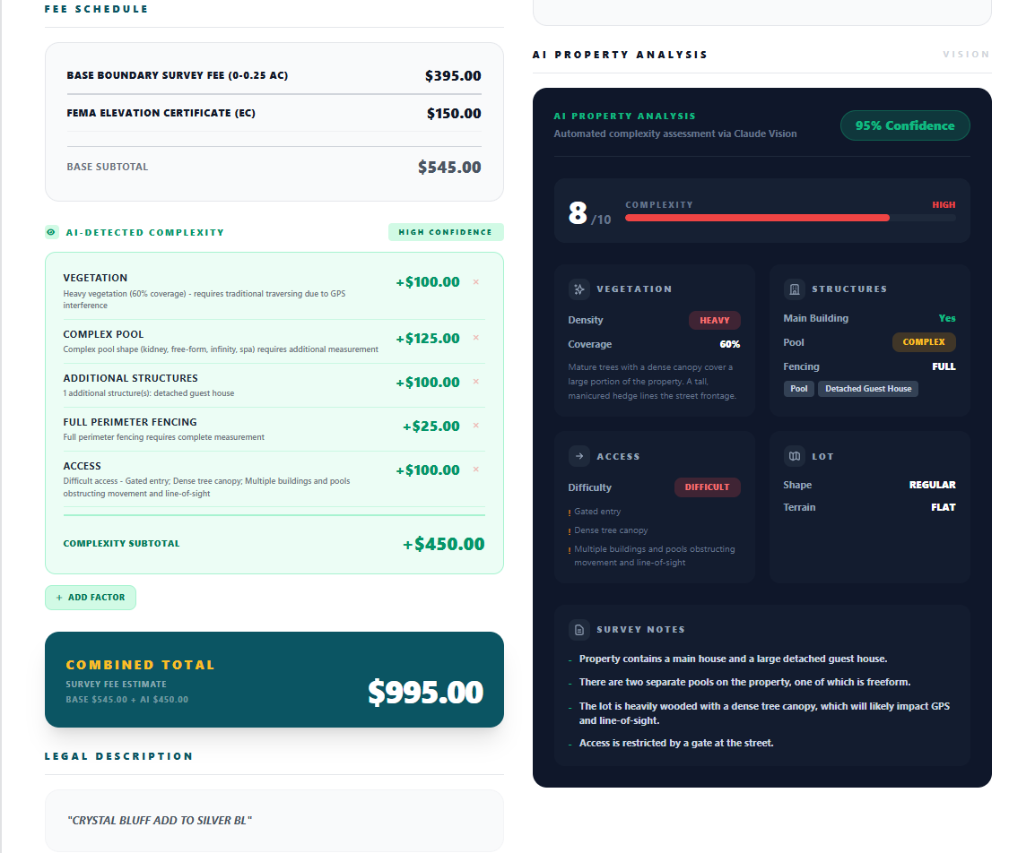 Fee schedule with AI-detected complexity pricing and AI Property Analysis